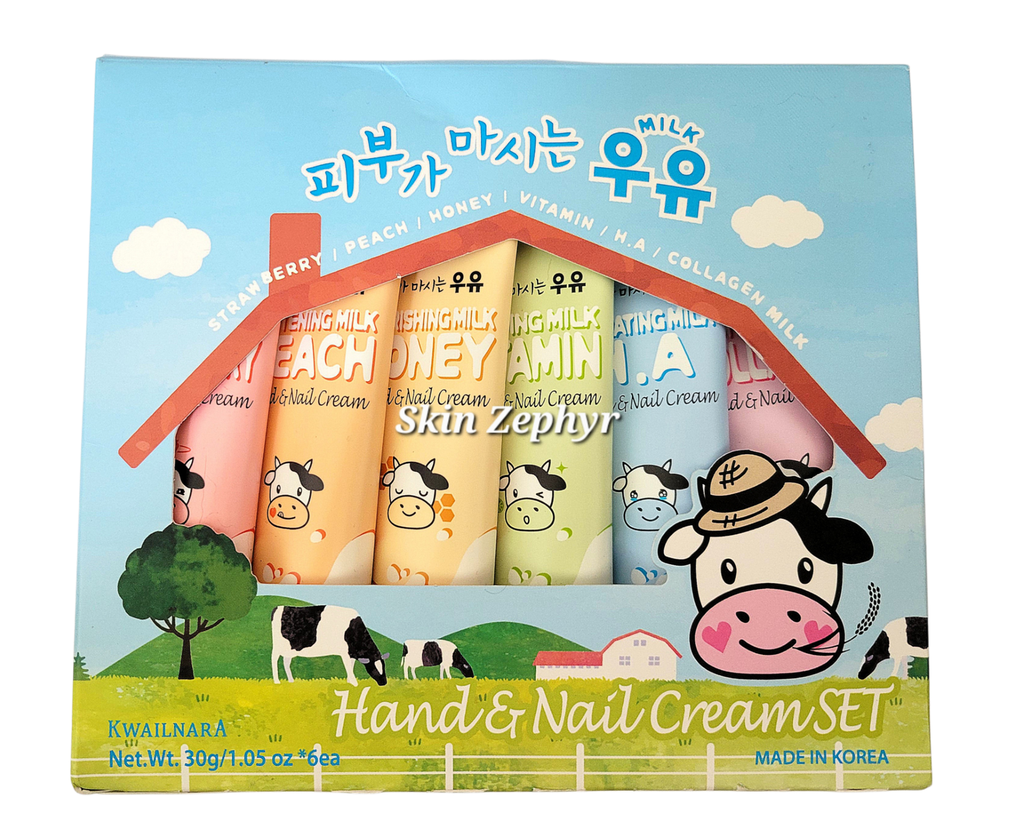 Kwailnara Milk Hand & Nail Cream Gift Set: Strawberry, Peach, Honey, Vitamin, Hyaluronic & Collagen