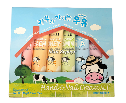 Kwailnara Milk Hand & Nail Cream Gift Set: Strawberry, Peach, Honey, Vitamin, Hyaluronic & Collagen