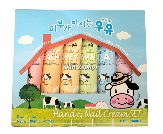Kwailnara Milk Hand & Nail Cream Gift Set: Strawberry, Peach, Honey, Vitamin, Hyaluronic & Collagen