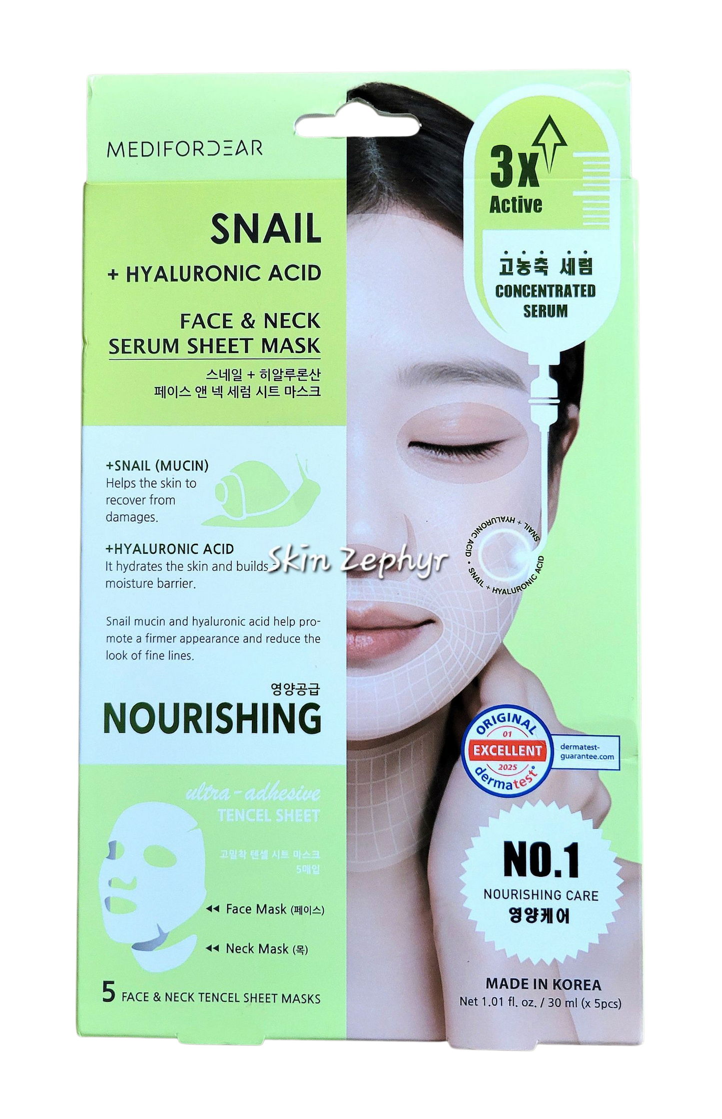 Medifordear Snail + Hyaluronic Acid - Face & Neck Serum Sheet Mask