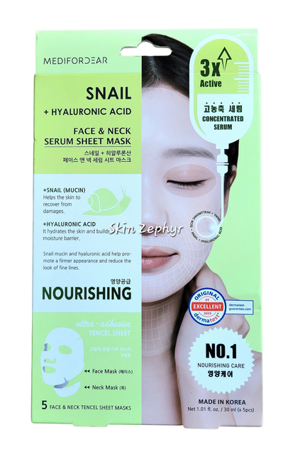 Medifordear Snail + Hyaluronic Acid - Face & Neck Serum Sheet Mask