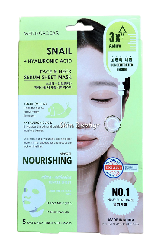 Medifordear Snail + Hyaluronic Acid - Face & Neck Serum Sheet Mask