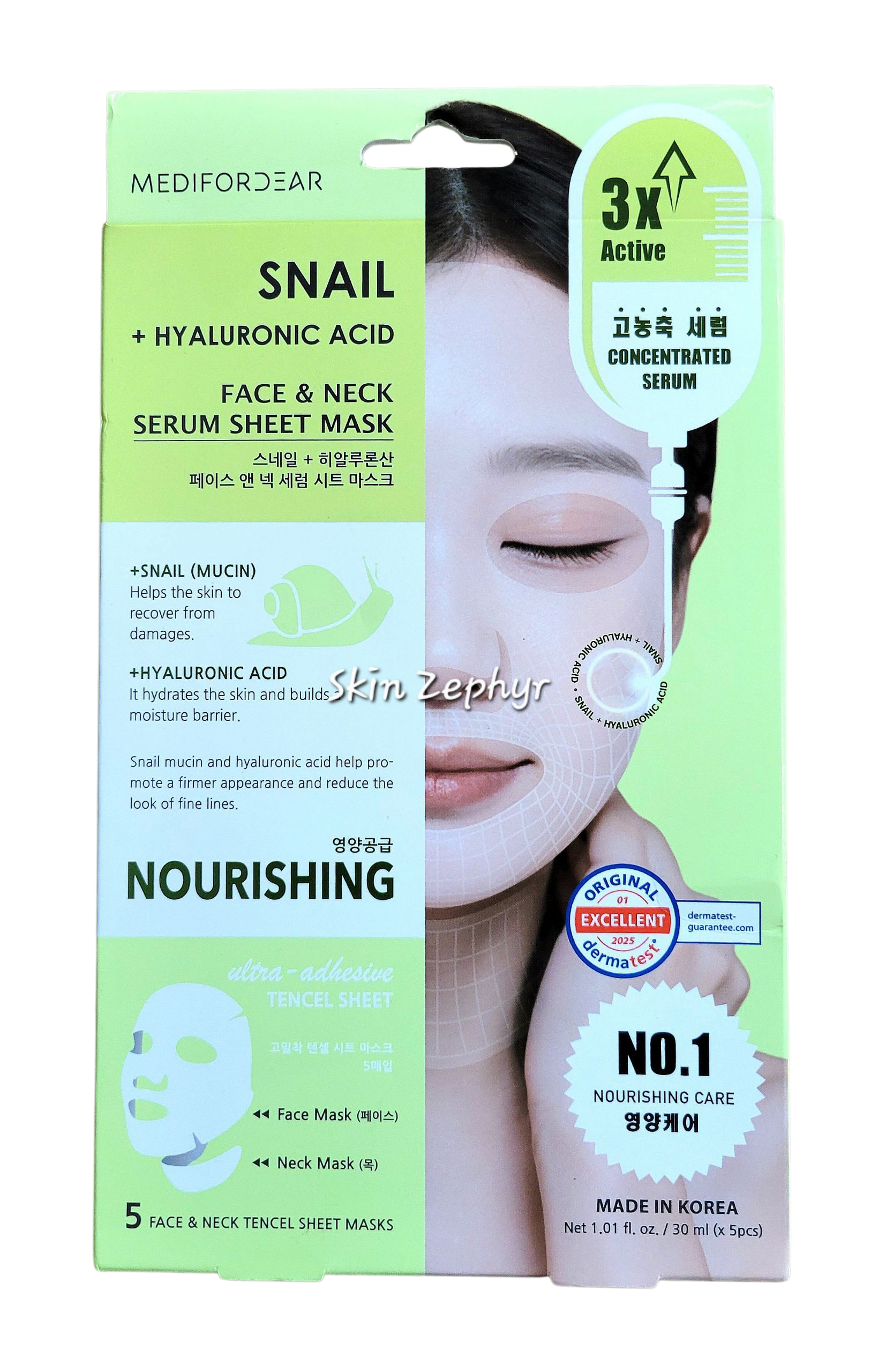 Medifordear Snail + Hyaluronic Acid - Face & Neck Serum Sheet Mask