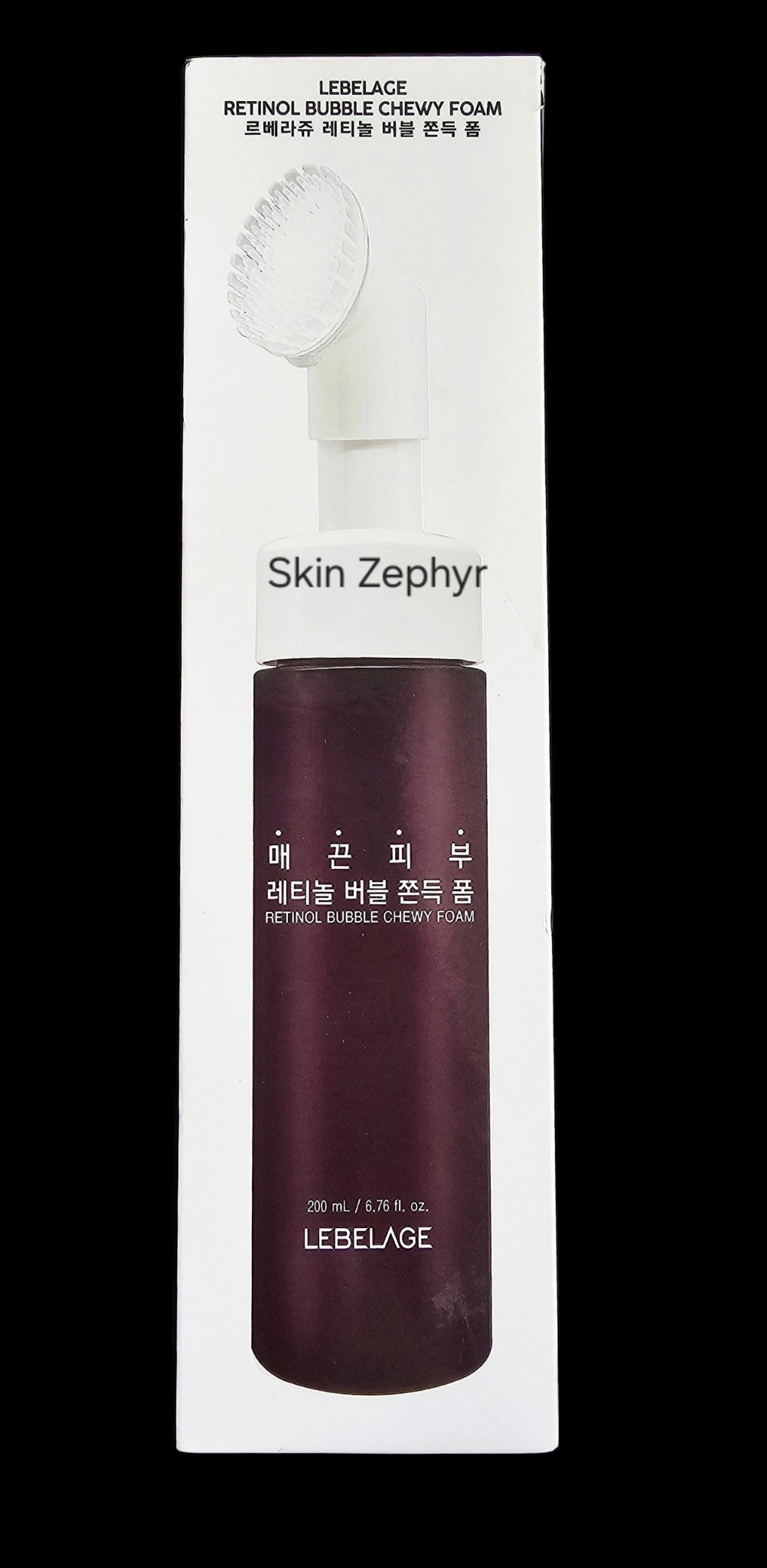 Skin Zephyr Lebelage Retinol Chewy Foam Cleanser in a dark purple bottle with an integrated silicone brush applicator.